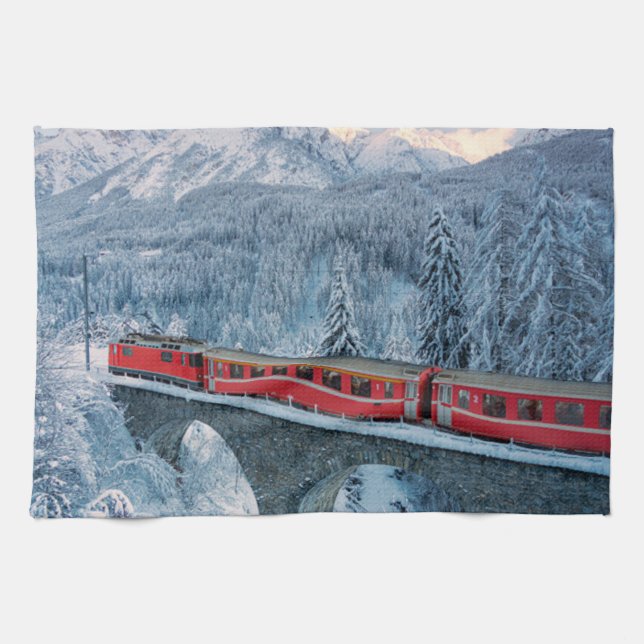 Ice & Snow | Red Bernina Express Train Switzerland Kitchen Towel (Horizontal)