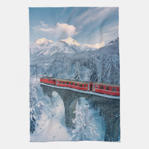 Ice & Snow Red Bernina Express Train Switzerland Kitchen Towel