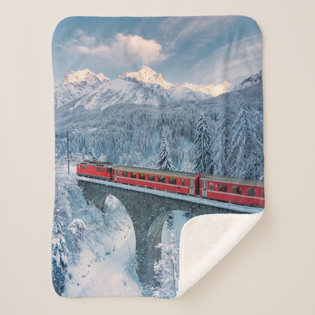 Ice & Snow | Red Bernina Express Train Switzerland Sherpa Blanket (Front)