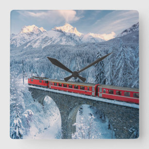 Ice & Snow Red Bernina Express Train Switzerland Square Wall Clock