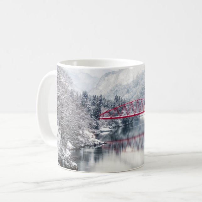 Ice & Snow | Red Bridge in Winter, Japan Coffee Mug (Front Left)