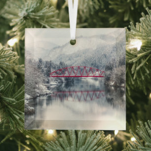 Ice & Snow   Red Bridge in Winter, Japan Glass Ornament