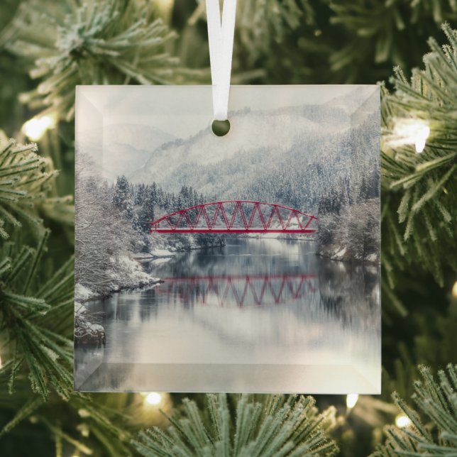 Ice & Snow | Red Bridge in Winter, Japan Glass Ornament (Insitu)