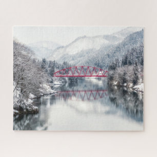 Ice & Snow Red Bridge in Winter, Japan Jigsaw Puzzle