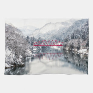 Ice & Snow Red Bridge in Winter, Japan Kitchen Towel