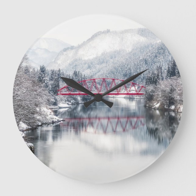 Ice & Snow | Red Bridge in Winter, Japan Large Clock (Front)