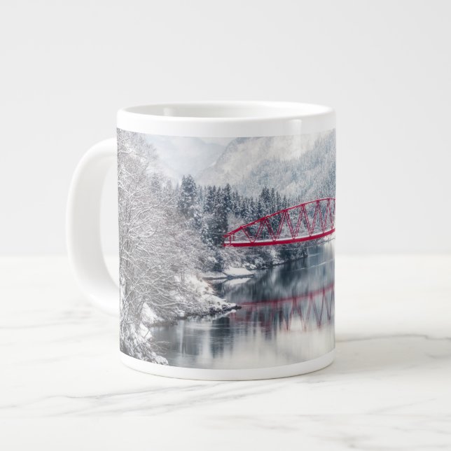Ice & Snow | Red Bridge in Winter, Japan Large Coffee Mug (Front Left)