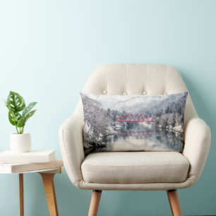 Ice & Snow Red Bridge in Winter, Japan Lumbar Pillow