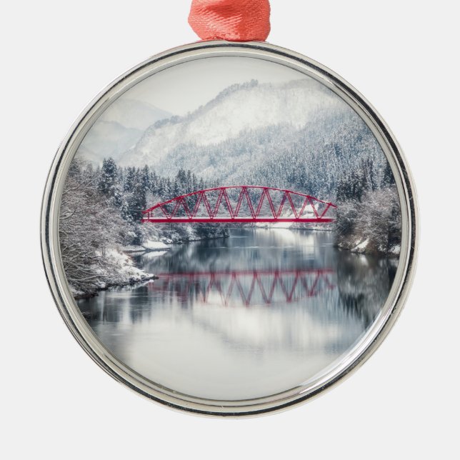 Ice & Snow | Red Bridge in Winter, Japan Metal Ornament (Front)