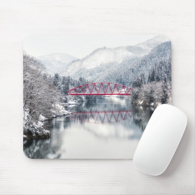 Ice & Snow | Red Bridge in Winter, Japan Mouse Pad (With Mouse)