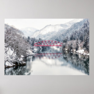Ice & Snow   Red Bridge in Winter, Japan Poster