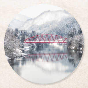 Ice & Snow Red Bridge in Winter, Japan Round Paper Coaster