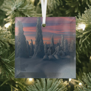 Ice & Snow   Snow Covered Trees, Lapland, Finland Glass Ornament