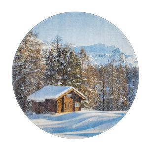 Ice & Snow   Winter Log Cabin Swiss Alps Cutting Board