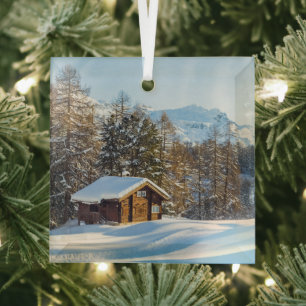 Ice & Snow Winter Log Cabin Swiss Alps Glass Ornament