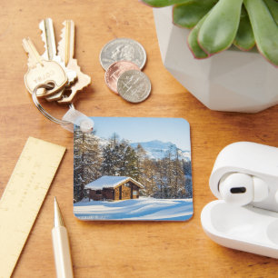 Ice & Snow Winter Log Cabin Swiss Alps Keychain