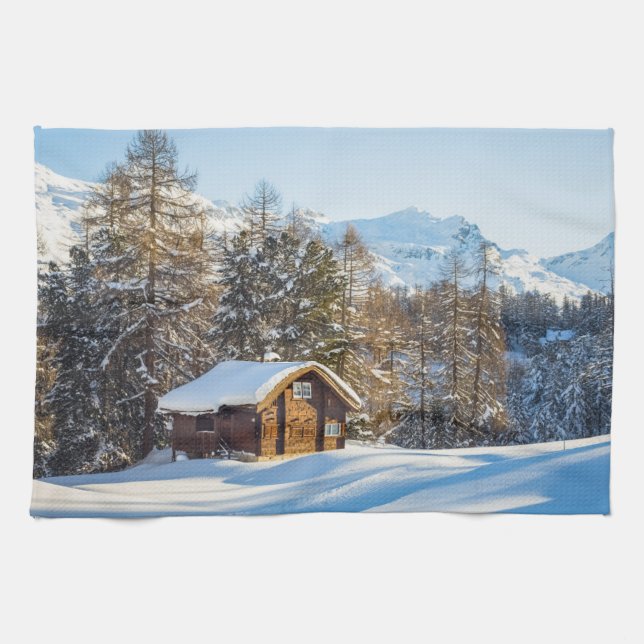 Ice & Snow | Winter Log Cabin Swiss Alps Kitchen Towel (Horizontal)