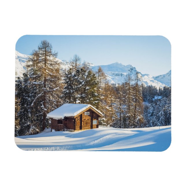 Ice & Snow | Winter Log Cabin Swiss Alps Magnet (Horizontal)
