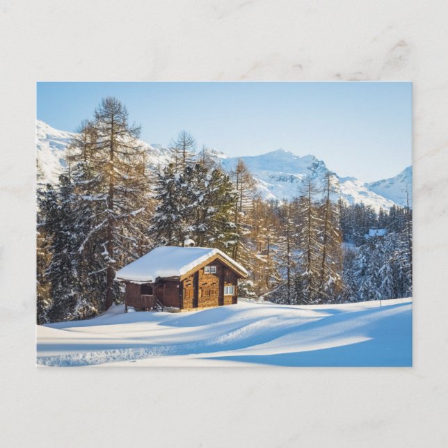 Ice & Snow | Winter Log Cabin Swiss Alps Postcard (Front)