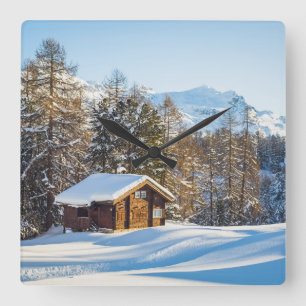 Ice & Snow Winter Log Cabin Swiss Alps Square Wall Clock