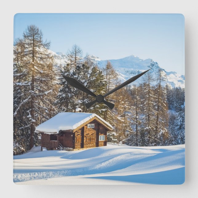 Ice & Snow | Winter Log Cabin Swiss Alps Square Wall Clock (Front)