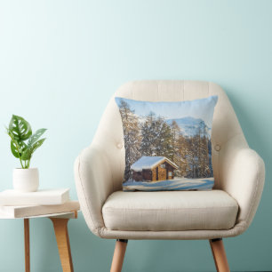 Ice & Snow   Winter Log Cabin Swiss Alps Throw Pillow