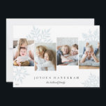 Ice | Snowdrop 4 Photo Collage Hanukkah Holiday Card<br><div class="desc">Unique modern Hanukkah card design features four favourite photos arranged side by side with oversized pale blue snowflake silhouettes in the background. Personalize with your custom holiday greeting and family name(s) beneath in classic lettering; shown with "Joyous Hanukkah."</div>