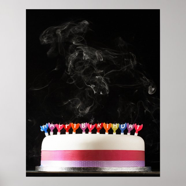 Iced cake with smoking melted happy birthday poster (Front)
