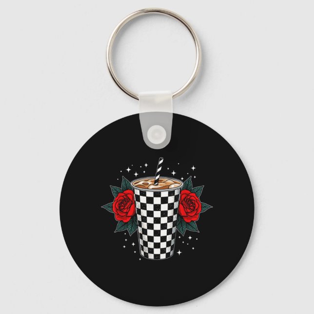 Iced Coffee Cup Roses Drink Refreshment Keychain (Front)