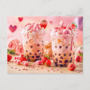 Iced coffee with strawberries and strawberry ice holiday postcard