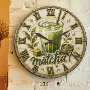 Iced Matcha Latte Green Tea Vintage Café  Large Clock