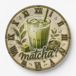 Iced Matcha Latte Green Tea Vintage Café Paper Plate