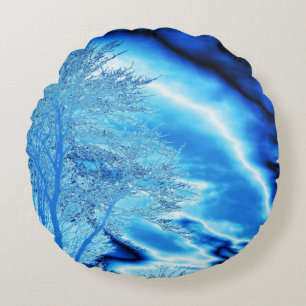 Iced Winter Tree in Cobalt Blue Sky Round Pillow