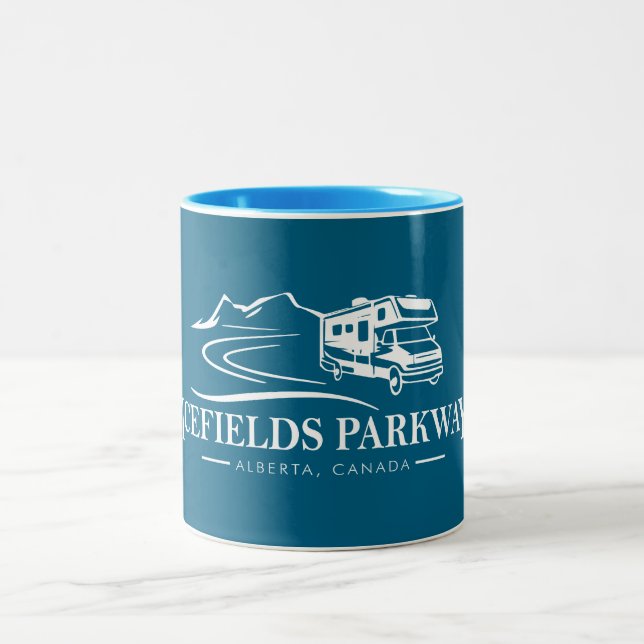 Icefields Parkway Alberta Recreational Vehicle Two-Tone Coffee Mug (Center)
