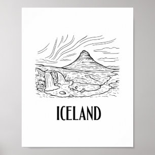 Iceland Aurora Borealis Line Art Drawing Vacation  Poster