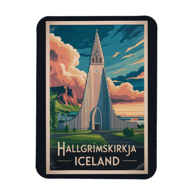 Iceland Hallgrimskirkja Illustration Travel Art Magnet (Vertical)