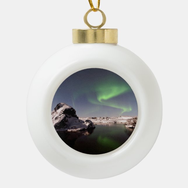 Iceland in Winter Ceramic Ball Christmas Ornament (Front)