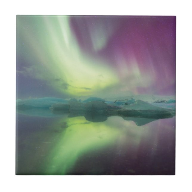 Iceland, Jokulsarlon. Aurora Lights Reflect Tile (Front)
