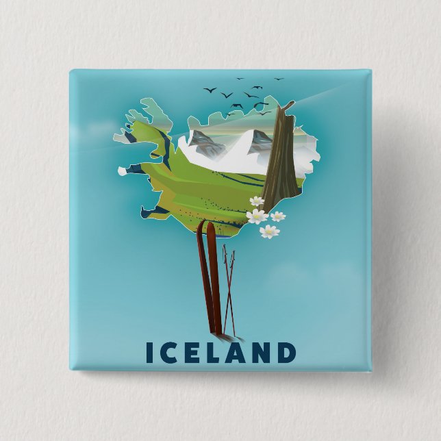 Iceland Map Illustration travel poster. 2 Inch Square Button (Front)