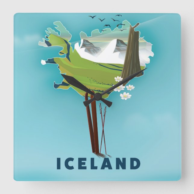 Iceland Map Illustration travel poster. Square Wall Clock (Front)
