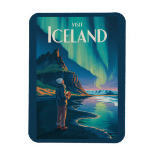 Iceland Northern Lights Illustration Travel Art Vi Magnet