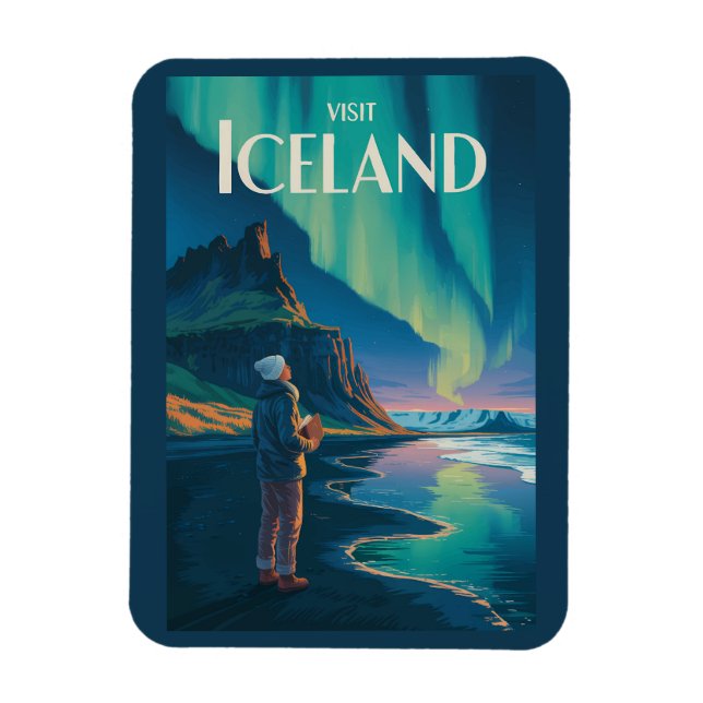 Iceland Northern Lights Illustration Travel Art Vi Magnet (Vertical)