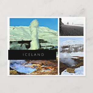 Iceland postcard - geyser, hot spring, black sand