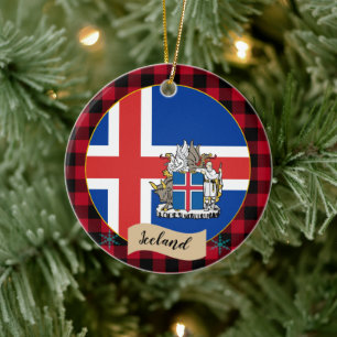 Iceland, Red buffalo plaid & Icelandic Flag Ceramic Ornament