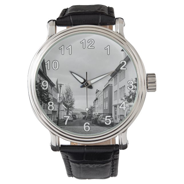 Iceland Reykjavik Black and White Street Numbers Watch (Front)