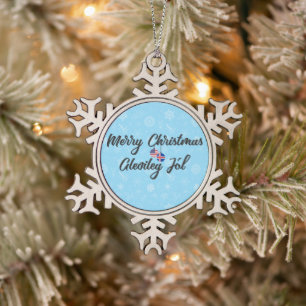 Iceland USA Bilingual Merry Christmas Snowflake Pewter Christmas Ornament