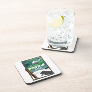 Iceland vintage ski poster coaster