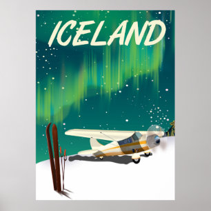 Iceland vintage style ski plane poster