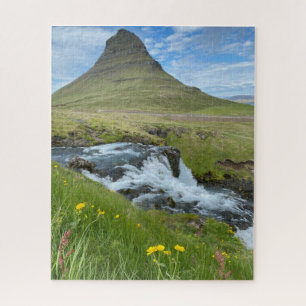 Iceland Waterfall and Mountain with Flowers  Jigsaw Puzzle