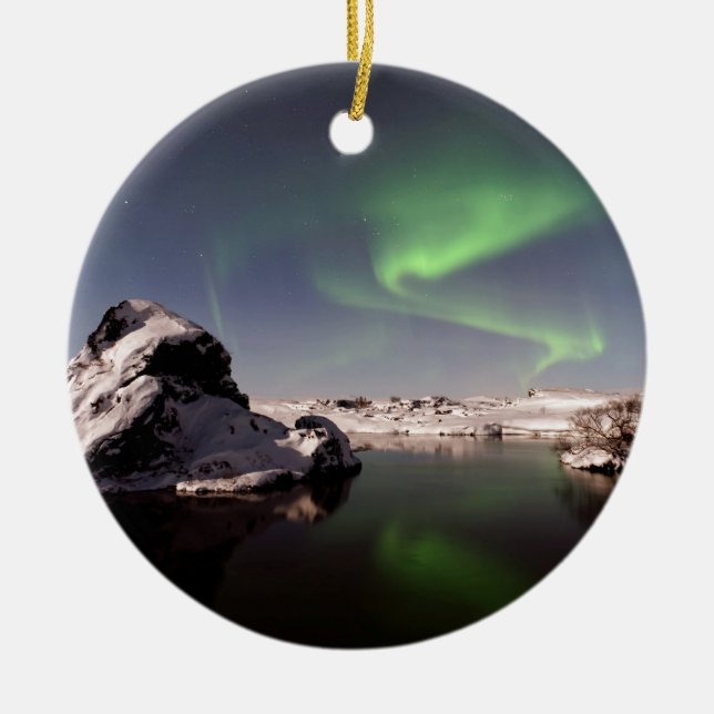 Iceland Winter Snow Northern Aurora Borealis Ceramic Ornament (Front)